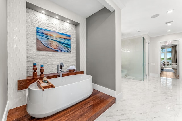 bathroom featuring tile walls, plus walk in shower, and tile patterned flooring