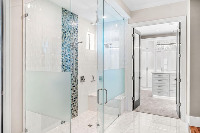 bathroom with tile patterned flooring and an enclosed shower