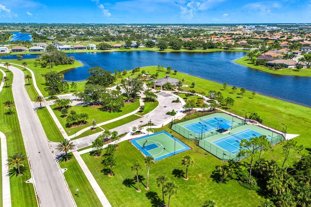 bird's eye view with a water view