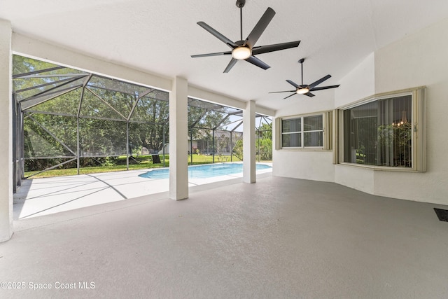 3520 Shady Run Rd, Melbourne, FL 32934 - swimming pool featuring a patio area, a ceiling fan, and glass enclosure