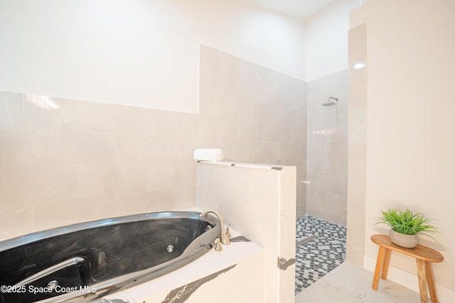 3520 Shady Run Rd, Melbourne, FL 32934 - full bathroom featuring a jetted tub, walk in shower, and marble finish flooring