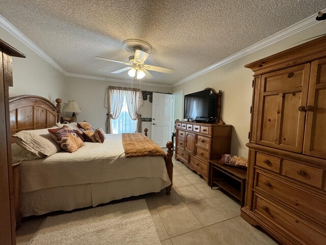 bedroom featuring ceiling fan, light tile patterned floors, crown molding, and a textured ceiling