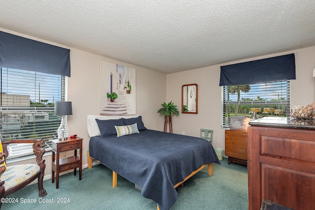 carpeted bedroom with a textured ceiling