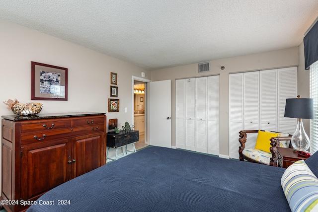 bedroom with ensuite bathroom, multiple closets, and a textured ceiling