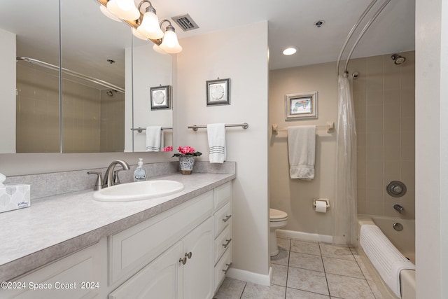 full bathroom with tile patterned floors, vanity, toilet, and shower / bath combination with curtain