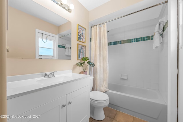 full bathroom with shower / bathtub combination with curtain, vanity, tile patterned floors, and toilet