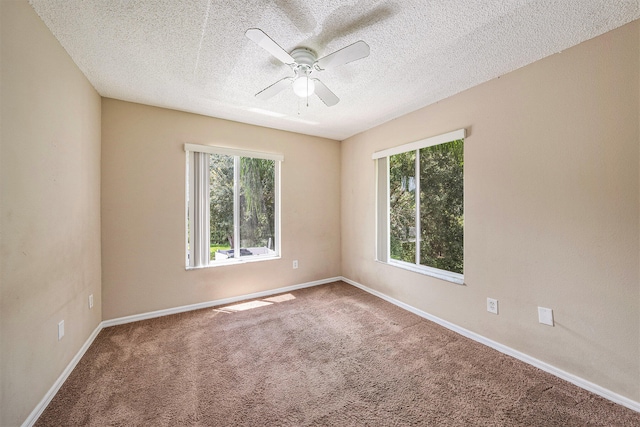 spare room featuring ceiling fan, a textured ceiling, and carpet