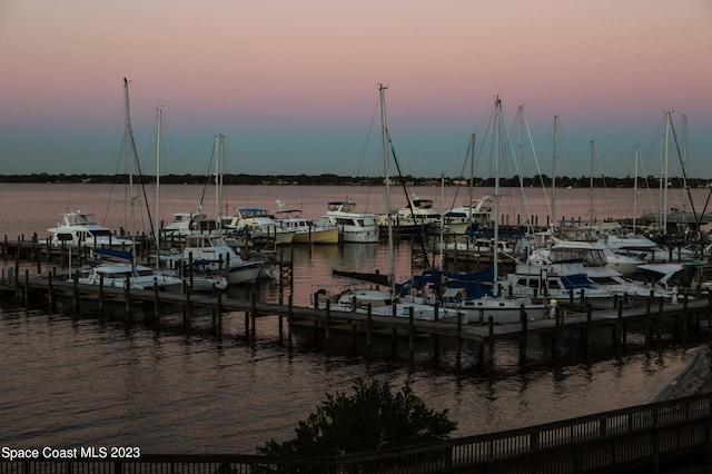 view of dock with a water view