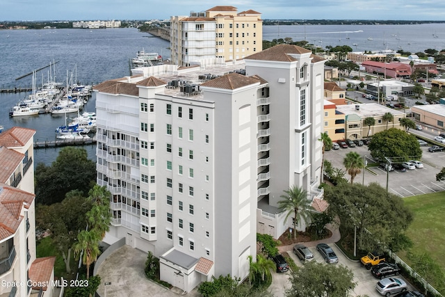 aerial view featuring a water view