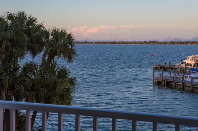 property view of water with a dock