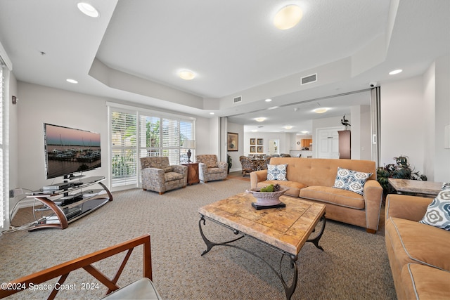 living room featuring a raised ceiling and carpet flooring