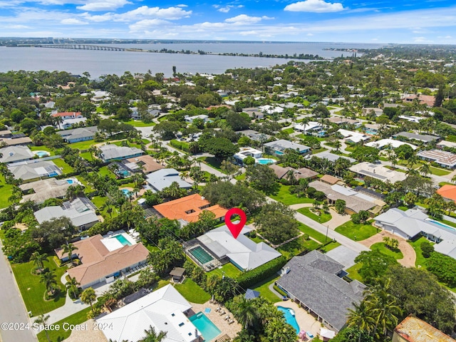 aerial view featuring a water view