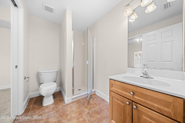 full bath featuring toilet, a stall shower, visible vents, and tile patterned floors