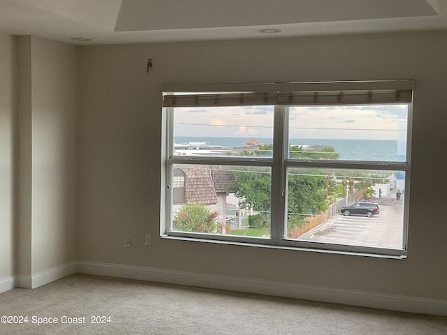 empty room featuring light carpet and a water view