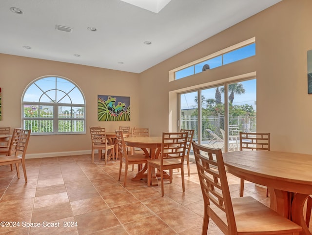 dining room with recessed lighting, visible vents, baseboards, and light tile patterned flooring