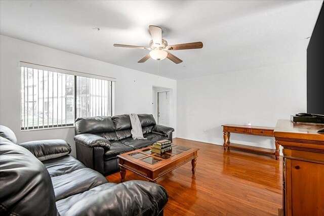 living room with ceiling fan and hardwood / wood-style flooring