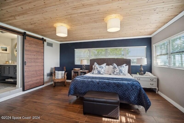 bedroom with ensuite bathroom, a barn door, wood-type flooring, and wooden ceiling