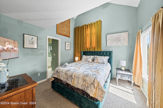 bedroom with a textured ceiling, ensuite bathroom, and carpet flooring