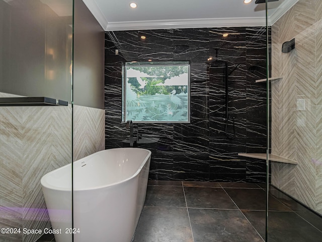 bathroom with tile walls, ornamental molding, tile patterned flooring, and independent shower and bath