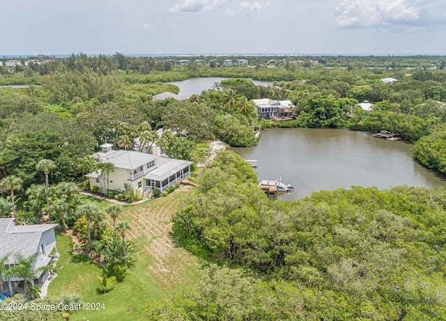 aerial view featuring a water view