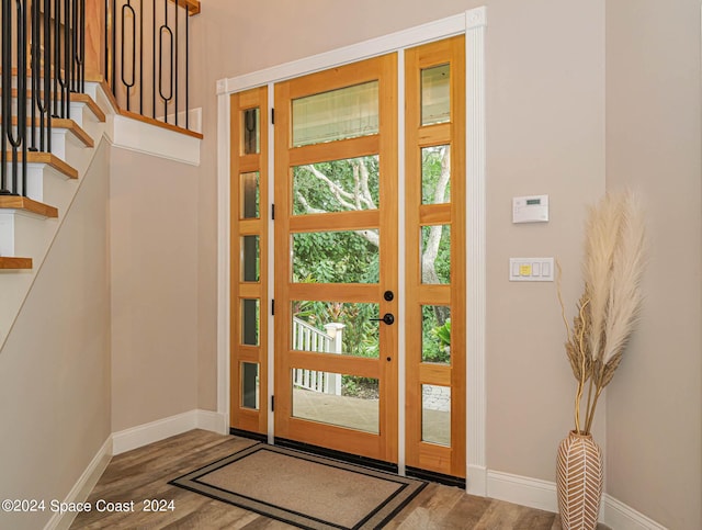 foyer entrance with hardwood / wood-style flooring