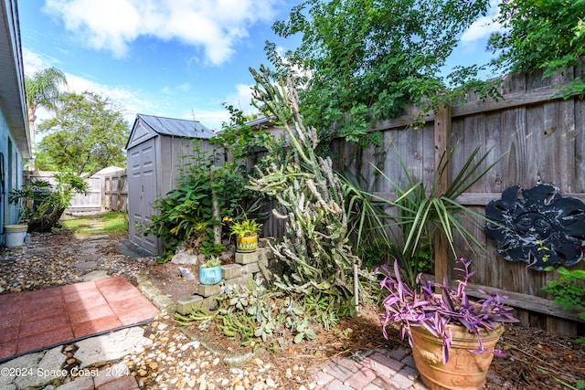 view of yard featuring a storage unit