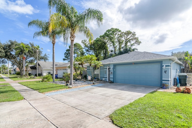 single story home with a front yard and a garage