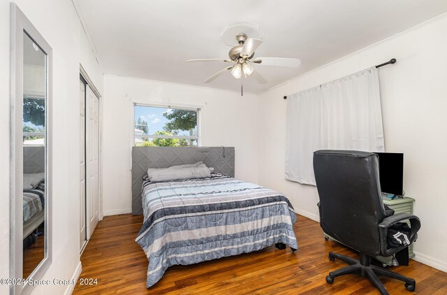 bedroom featuring ceiling fan, dark hardwood / wood-style floors, and crown molding