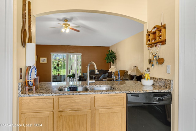 kitchen with ceiling fan, sink, dishwasher, and light brown cabinets