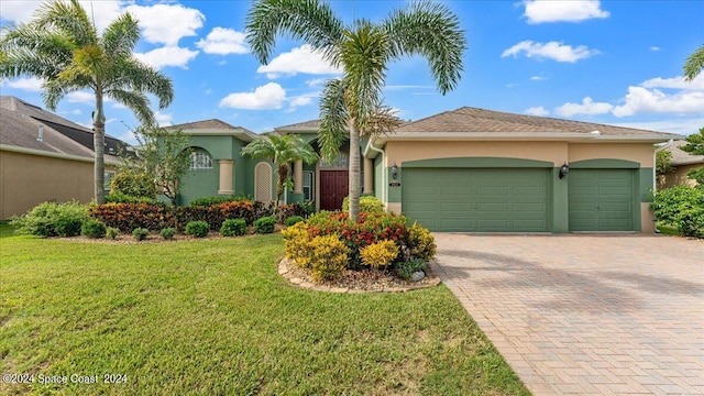 view of front of property featuring a front lawn and a garage