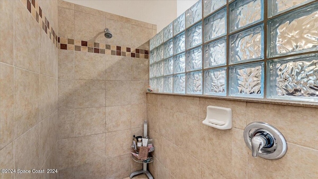 bathroom featuring tile walls and walk in shower