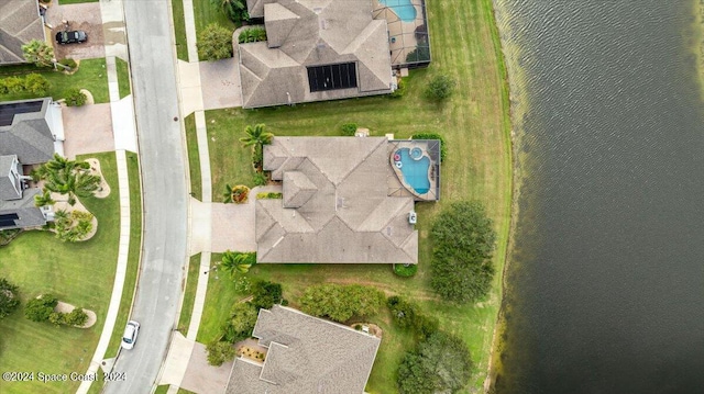 aerial view featuring a water view