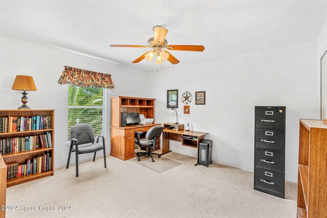 office area with carpet flooring and ceiling fan