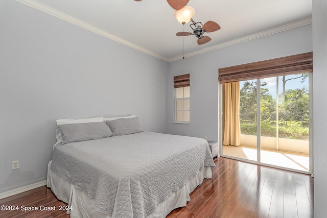 bedroom with ceiling fan, access to outside, ornamental molding, and hardwood / wood-style flooring