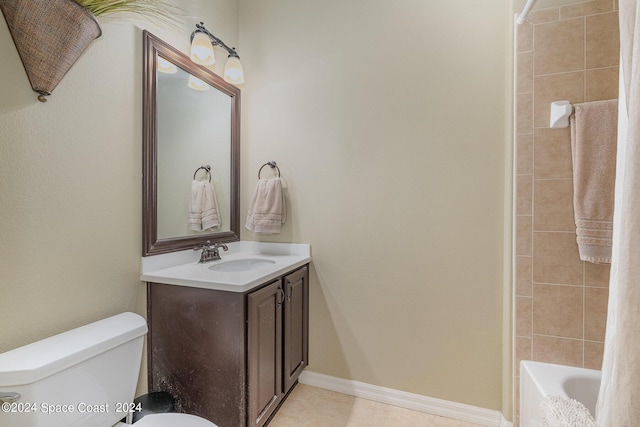 full bathroom with vanity, shower / tub combo with curtain, tile patterned floors, and toilet