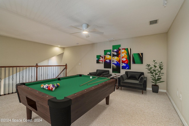 recreation room featuring light carpet, ceiling fan, and billiards