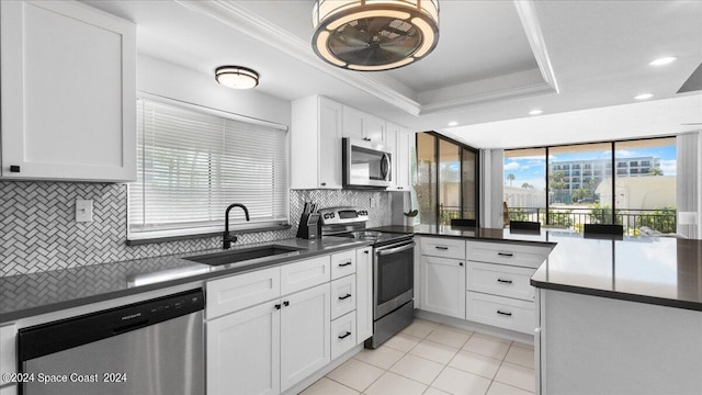 kitchen featuring tasteful backsplash, appliances with stainless steel finishes, white cabinetry, a tray ceiling, and sink