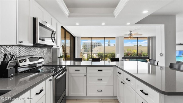 kitchen with a raised ceiling, appliances with stainless steel finishes, white cabinetry, backsplash, and ceiling fan