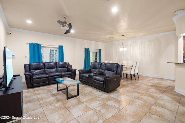 tiled living room featuring crown molding