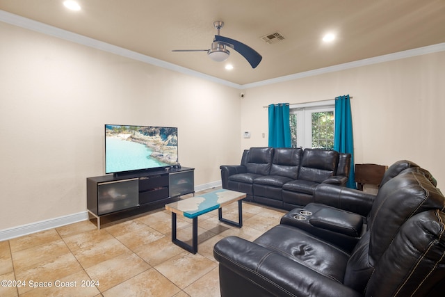 tiled living room with crown molding and ceiling fan