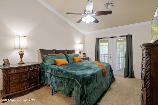 bedroom featuring light carpet, ornamental molding, french doors, and access to exterior