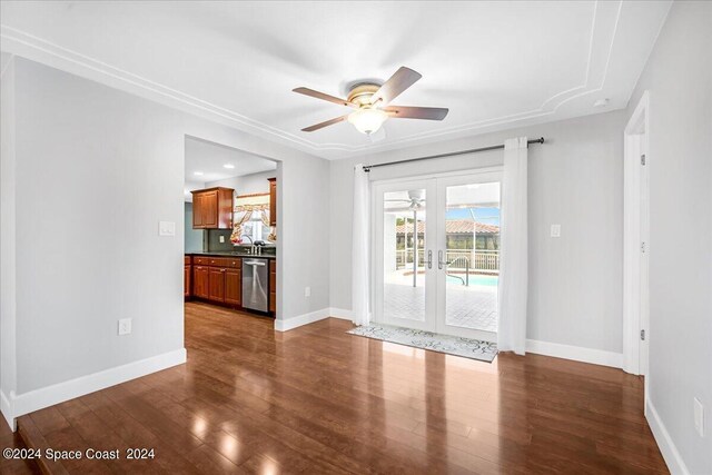 interior space featuring ceiling fan, french doors, and hardwood / wood-style floors