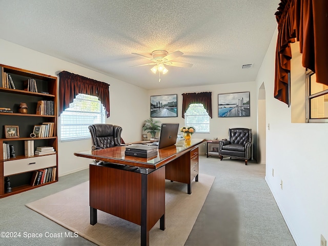 office featuring light carpet, a wealth of natural light, a textured ceiling, and ceiling fan