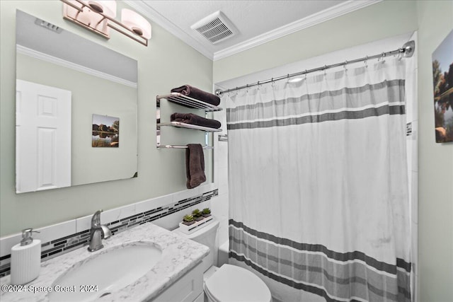 full bathroom featuring tasteful backsplash, visible vents, toilet, ornamental molding, and vanity