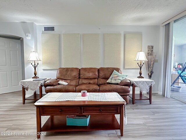 living room featuring a textured ceiling and light wood-type flooring