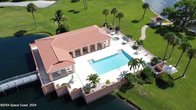 aerial view featuring a water view