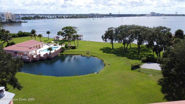 aerial view featuring a water view