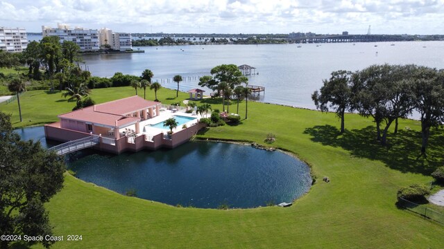 aerial view featuring a water view