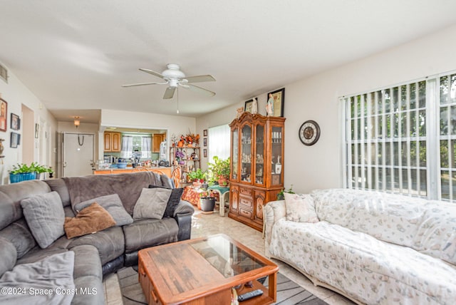 living room featuring ceiling fan