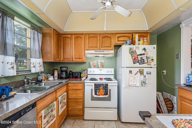 kitchen with ceiling fan, light tile patterned floors, sink, and white appliances